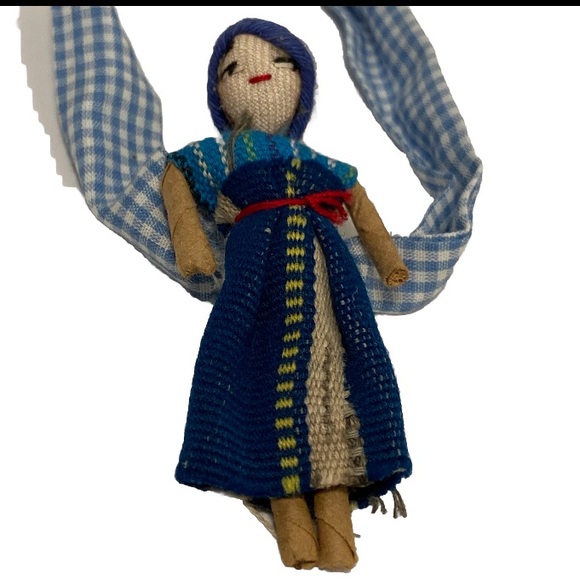 Vintage Folk Art Asian DOLL Fabric Handmade Cloth Necklace Blue Check Tie - Picture 2 of 15